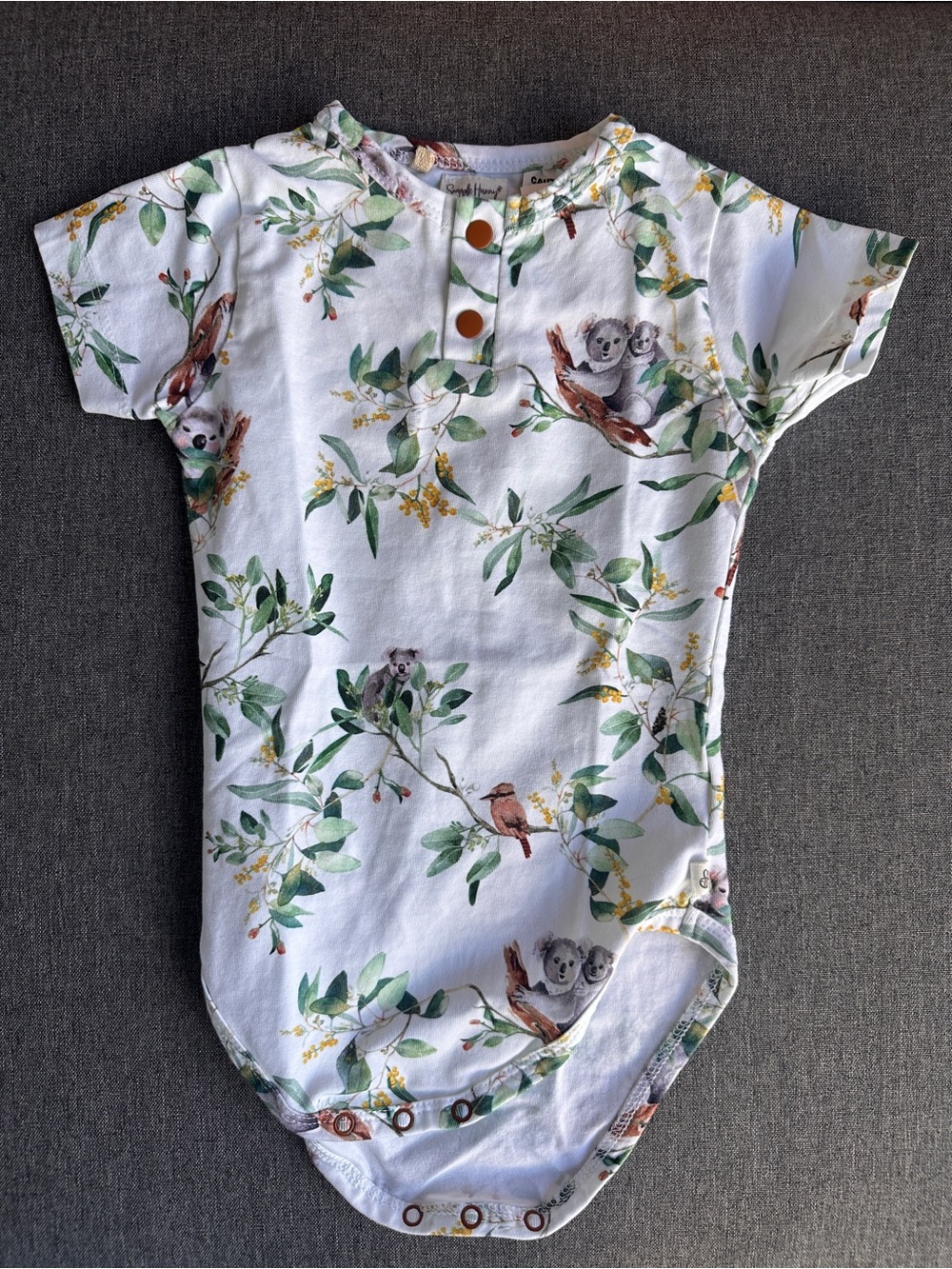 White Short-Sleeve Baby One-Piece with Green Leaf & Koala Print - Picture 1 of 3